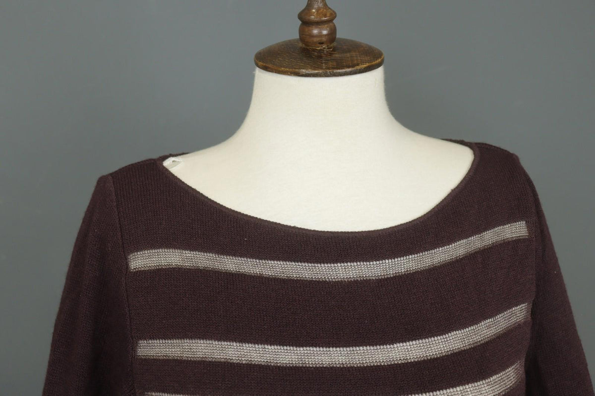 SARAH PACINI Maroon White Striped Knitted Long Sleeve Round Neck Dress M / L