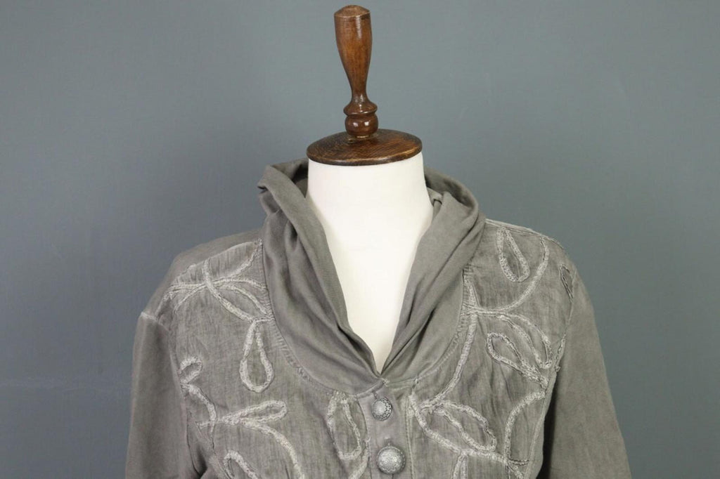 BOTTEGA Gray Lagenlook Designer Embroidered Cardigan Sweater