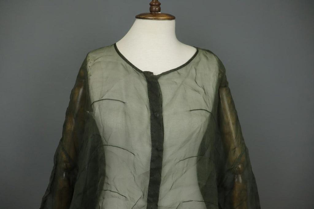 GRIZAS Green Long Sleeve Crew Neck Button Front Sheer Organza Blouse Top – Size L