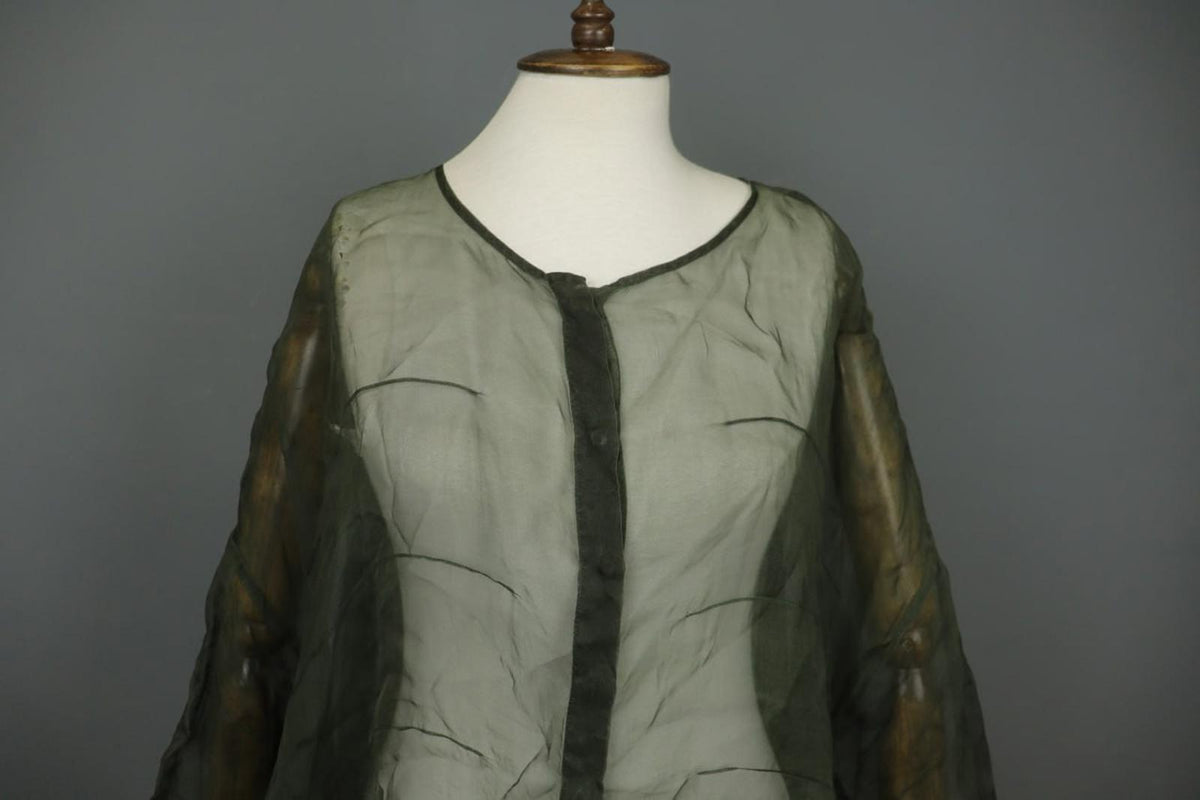 GRIZAS Green Long Sleeve Crew Neck Button Front Sheer Organza Blouse Top – Size L