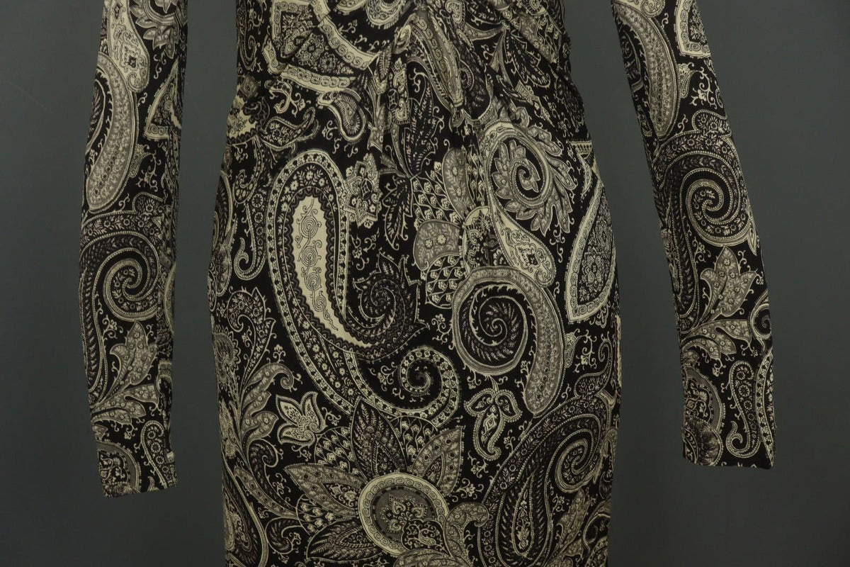 ETRO MILANO Multi Paisley 100% Viscose Long Sleeve V-Neck Sheath Dress – Size 46