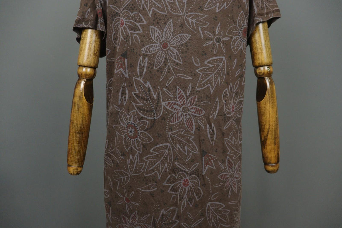 GUDRUN SJODEN Brown Floral Lyocell Short Sleeve Round Neck Sheath Dress – Size M
