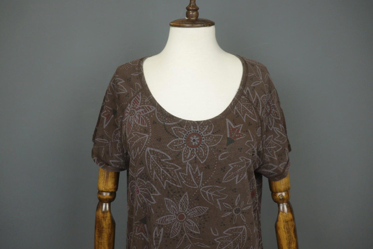 GUDRUN SJODEN Brown Floral Lyocell Short Sleeve Round Neck Sheath Dress – Size M