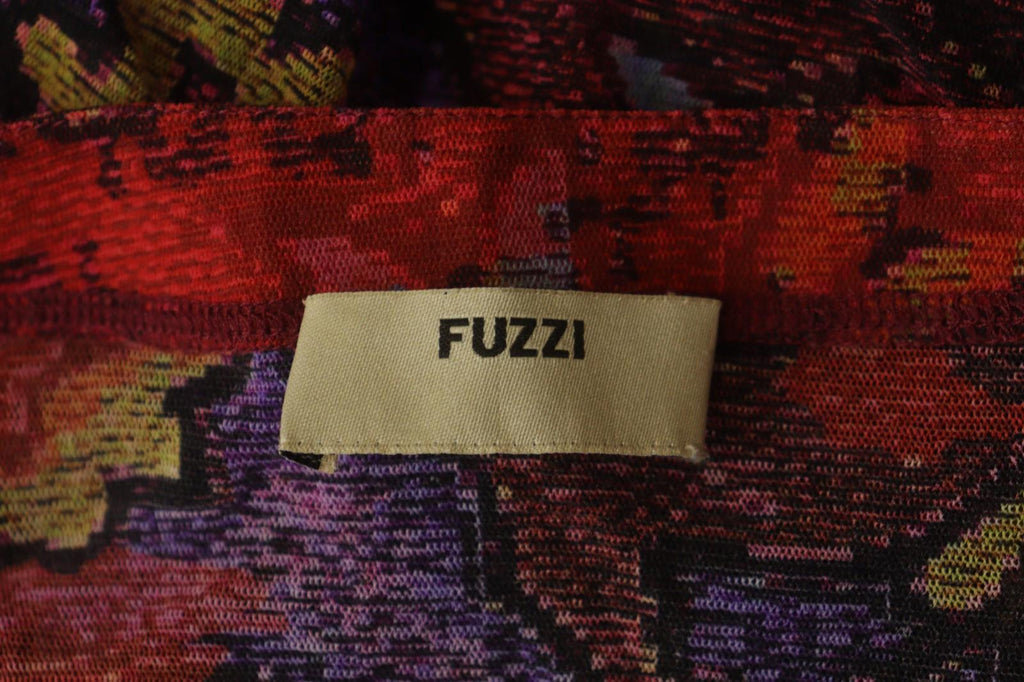 FUZZI Multi Geo Print Balloon Sleeve Round Neck Keyhole Front Mini Dress M/L