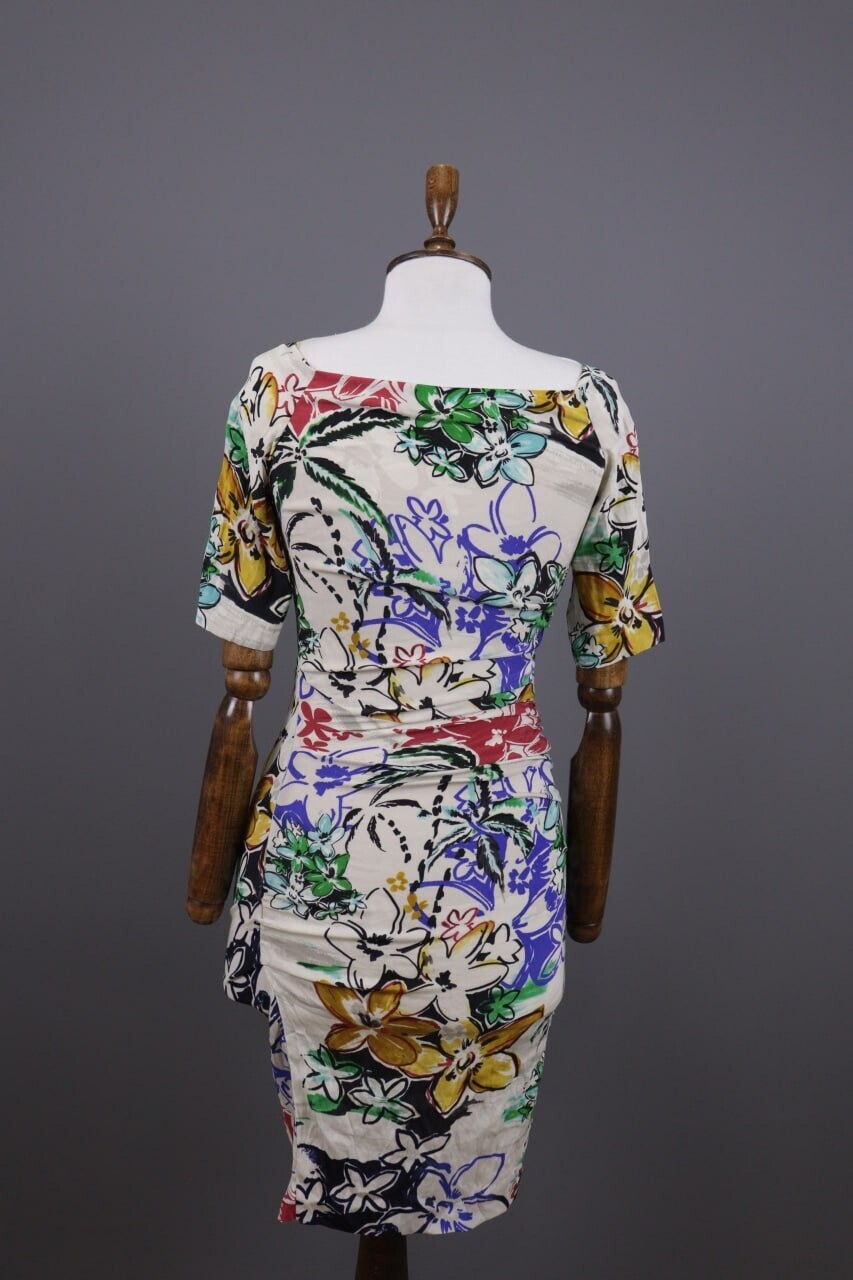 Etro Milano White Floral Silk Short Sleeve Summer Bodycon Dress – Size 42 / M