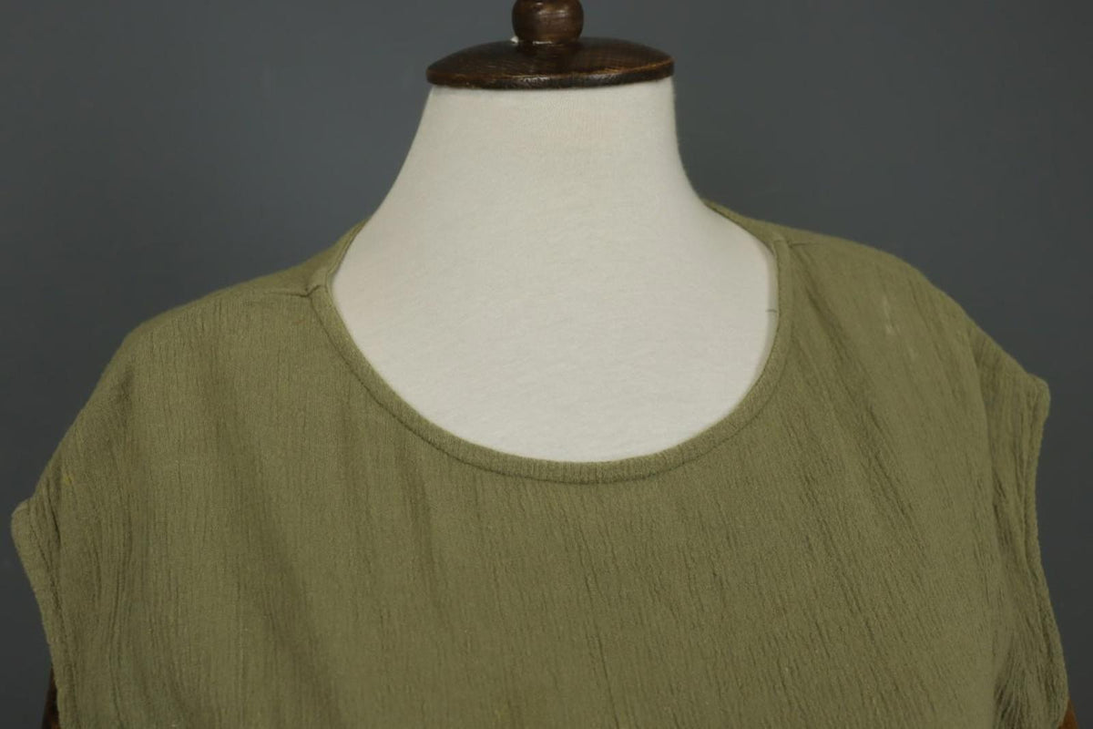 GUDRUN SJODEN Green 100% Cotton Round Neck Side Slit Sleeveless Long Dress Sz L