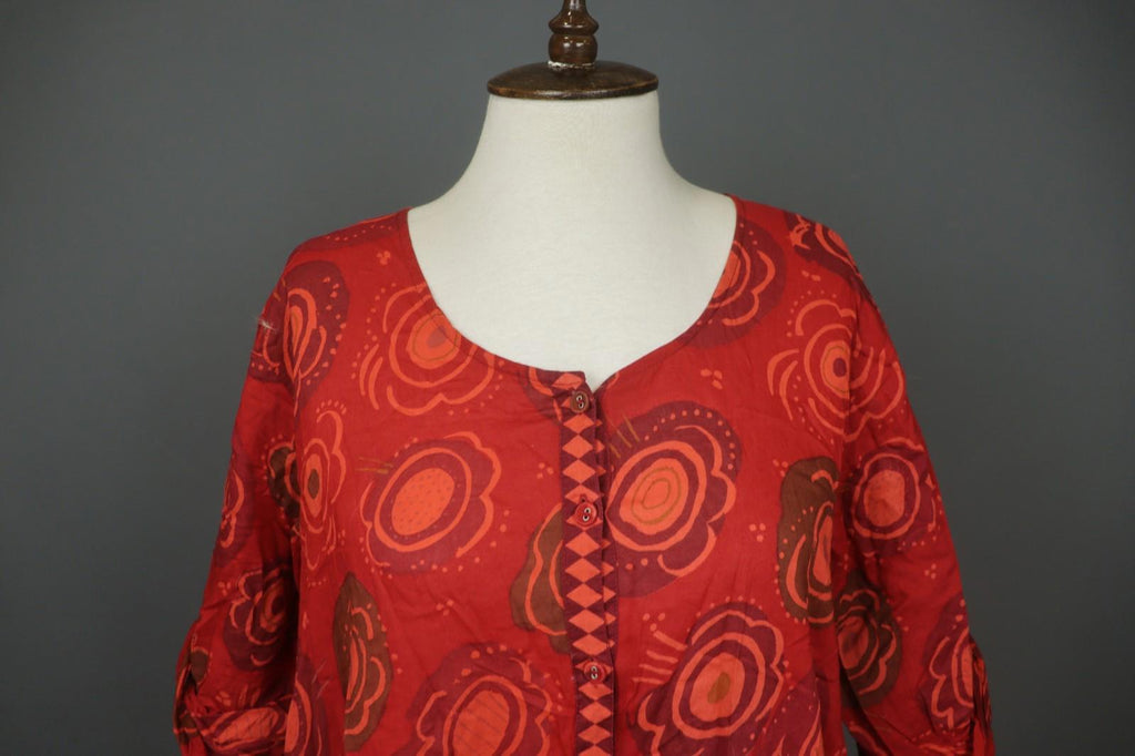 GUDRUN SJODEN Red Cotton Floral Roll Tab Sleeve Button Front Shirt Dress – Size L