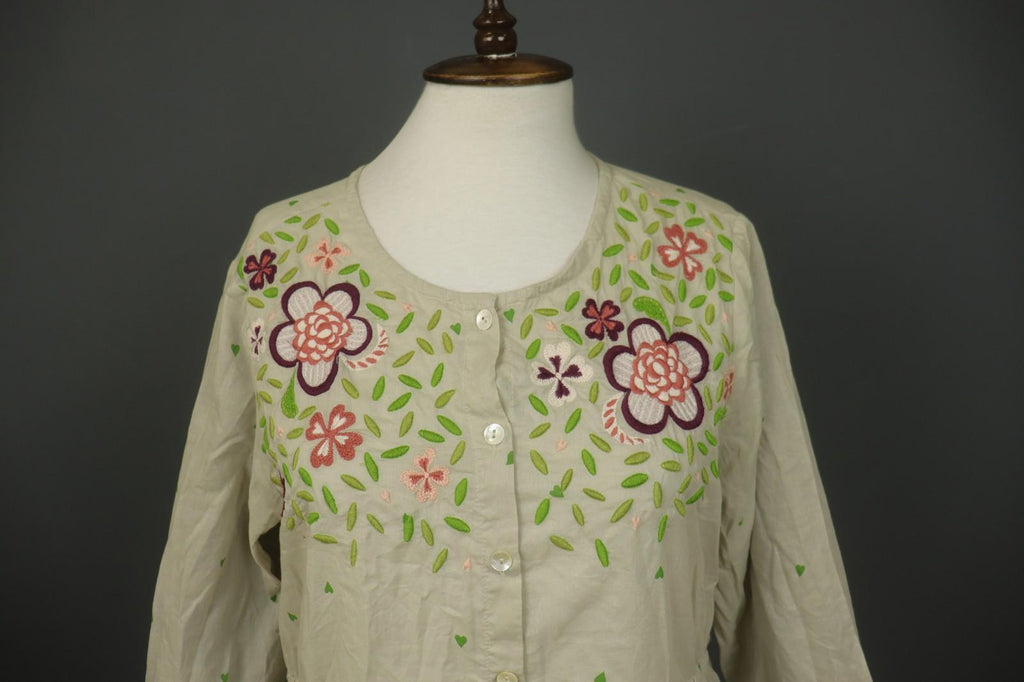 GUDRUN SJODEN Multi Embroidered Floral Cotton Button Front Shirt Dress – Size M