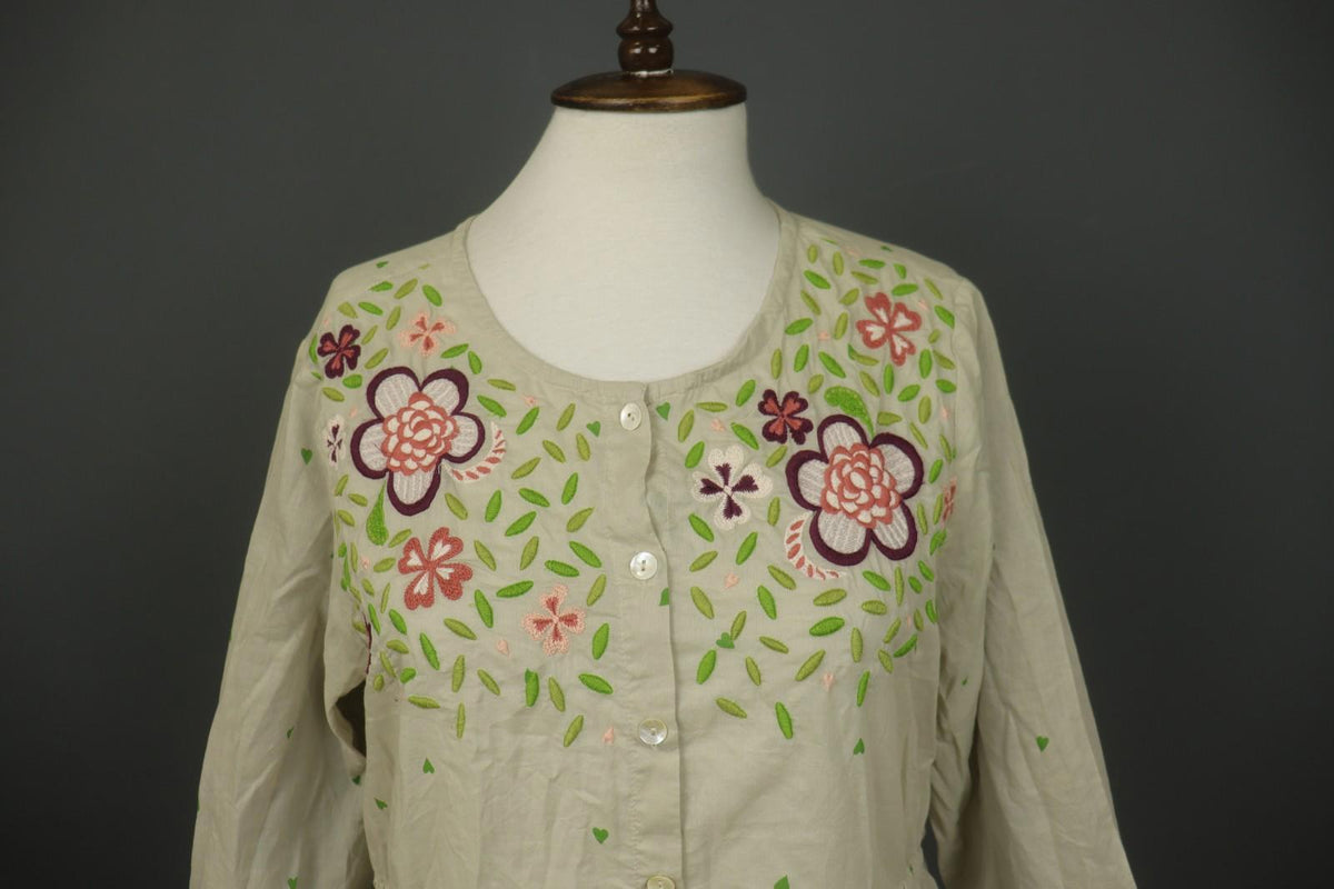 GUDRUN SJODEN Multi Embroidered Floral Cotton Button Front Shirt Dress – Size M