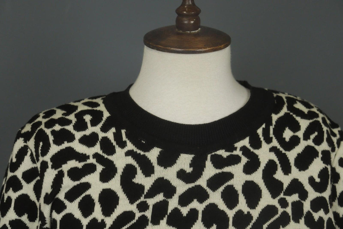 GIVENCHY Life Black White Leopard Print 100% Wool Long Sleeve Sweater Dress M/L