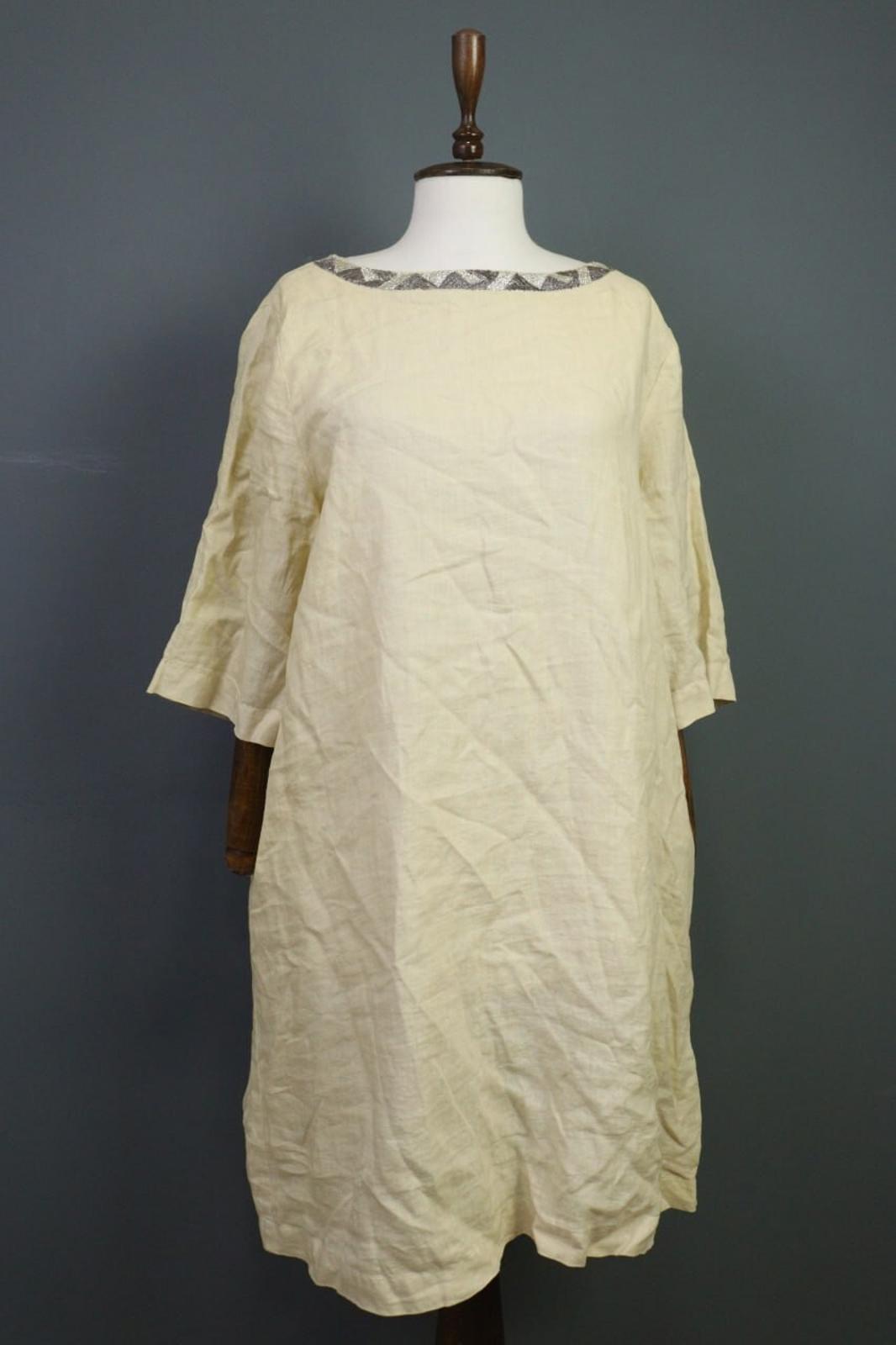 120% LINO Linen 3/4 Sleeve A-Line Lagenlook Blouson Long Dress – Size 48