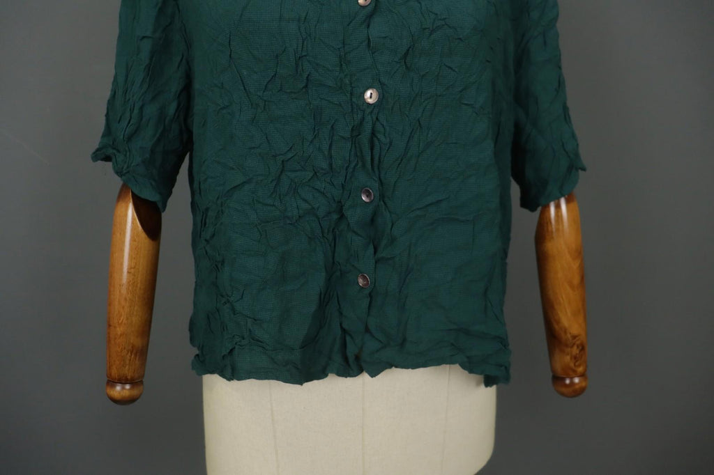 GUDRUN SJODEN Green Viscose Half Sleeve Round Neck Button Front Shirt Top Sz XXL