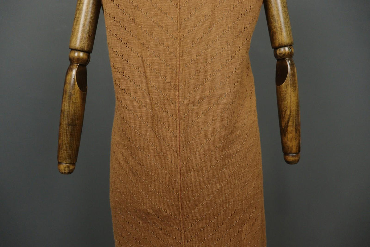 GUDRUN SJODEN Brown Ramie Open Knit Short Sleeve V-Neck Sweater Dress – Size L – Used