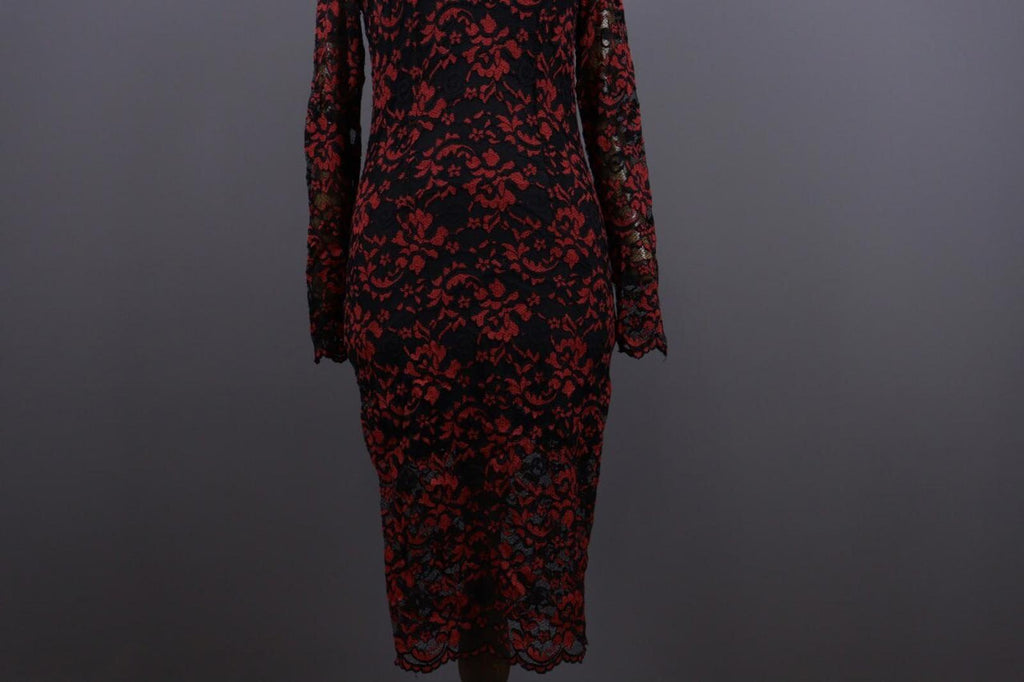 GANNI Red Floral Lace Embroidered Long Sleeve Bodycon Midi Dress – Size M