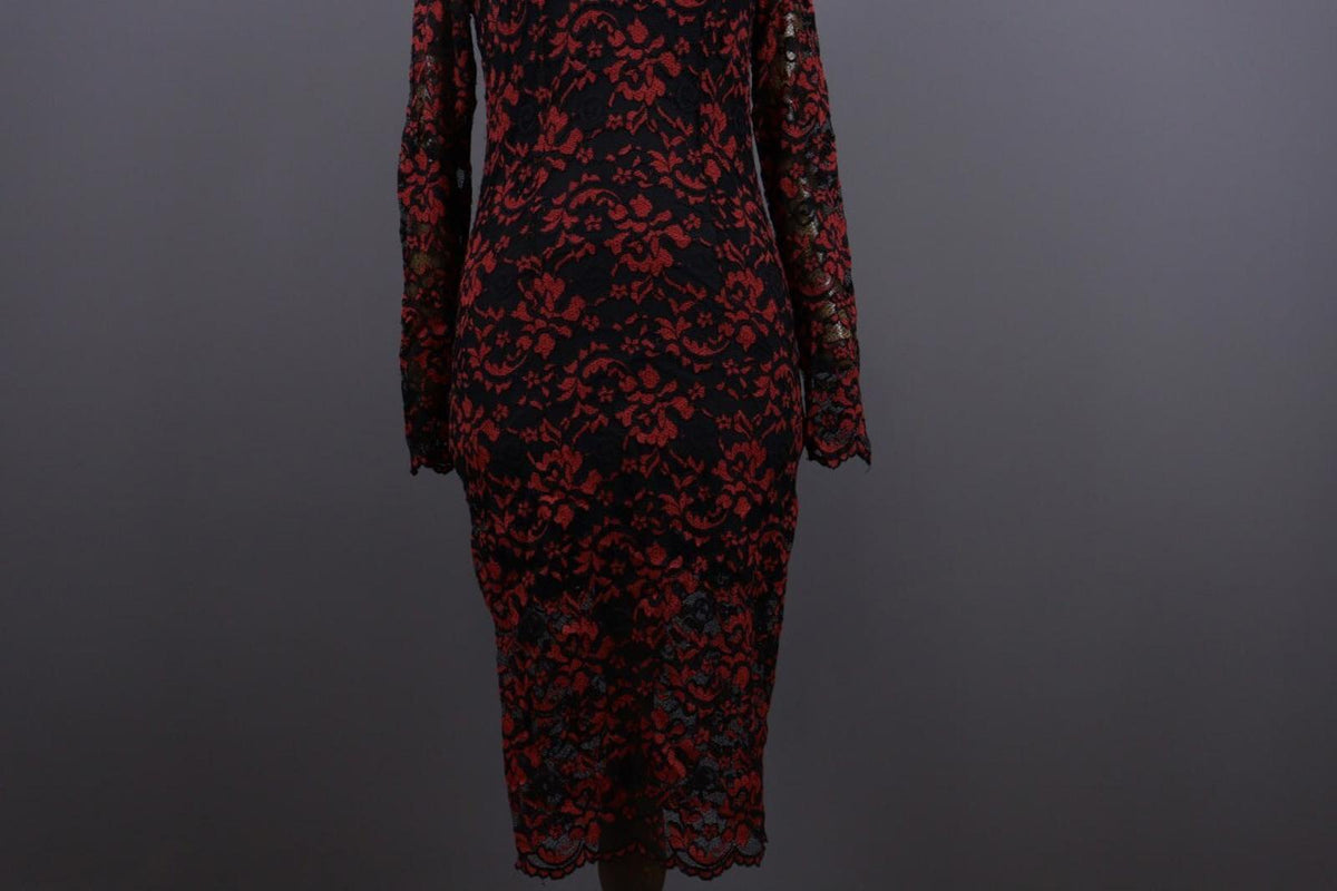 GANNI Red Floral Lace Embroidered Long Sleeve Bodycon Midi Dress – Size M