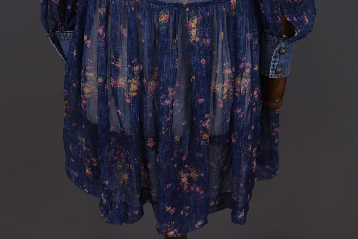 PHILOSOPHY Di Lorenzo Serafini Blue Floral Mesh Ruffle Long Sleeve A-Line Dress