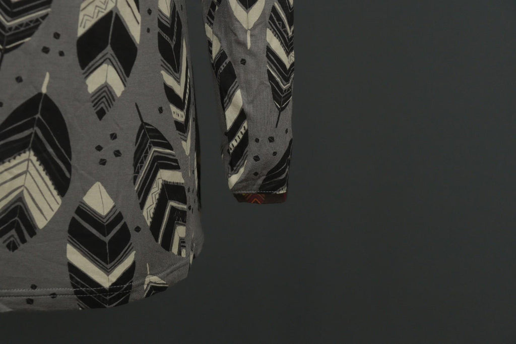 GUDRUN SJODEN Gray Black Leaf Print Round Neck Long Sleeve Pullover Blouse Top