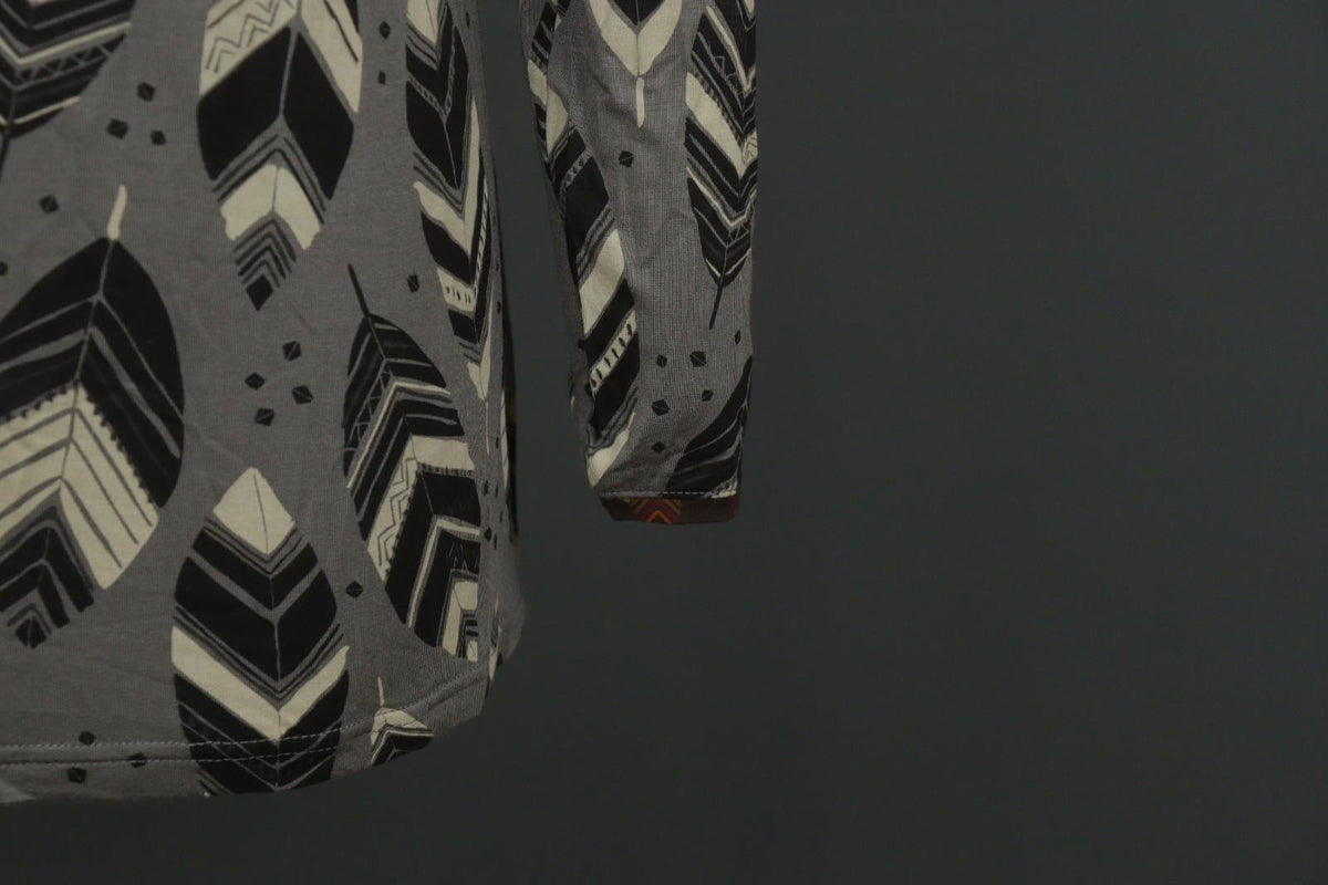GUDRUN SJODEN Gray Black Leaf Print Round Neck Long Sleeve Pullover Blouse Top