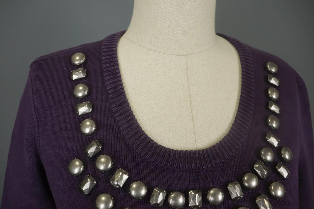BURBERRY BRIT Purple Cotton Tight Knit Beaded Front Long Sleeve Sweater – Size S