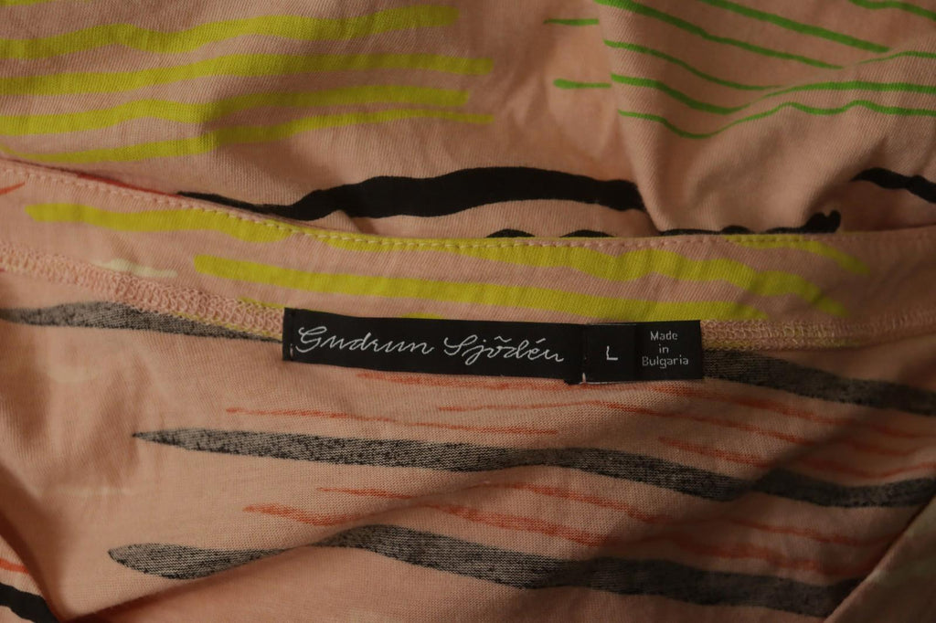 GUDRUN SJODEN Multi Striped Cotton Short Sleeve V-Neck Pullover Blouse Top Sz L