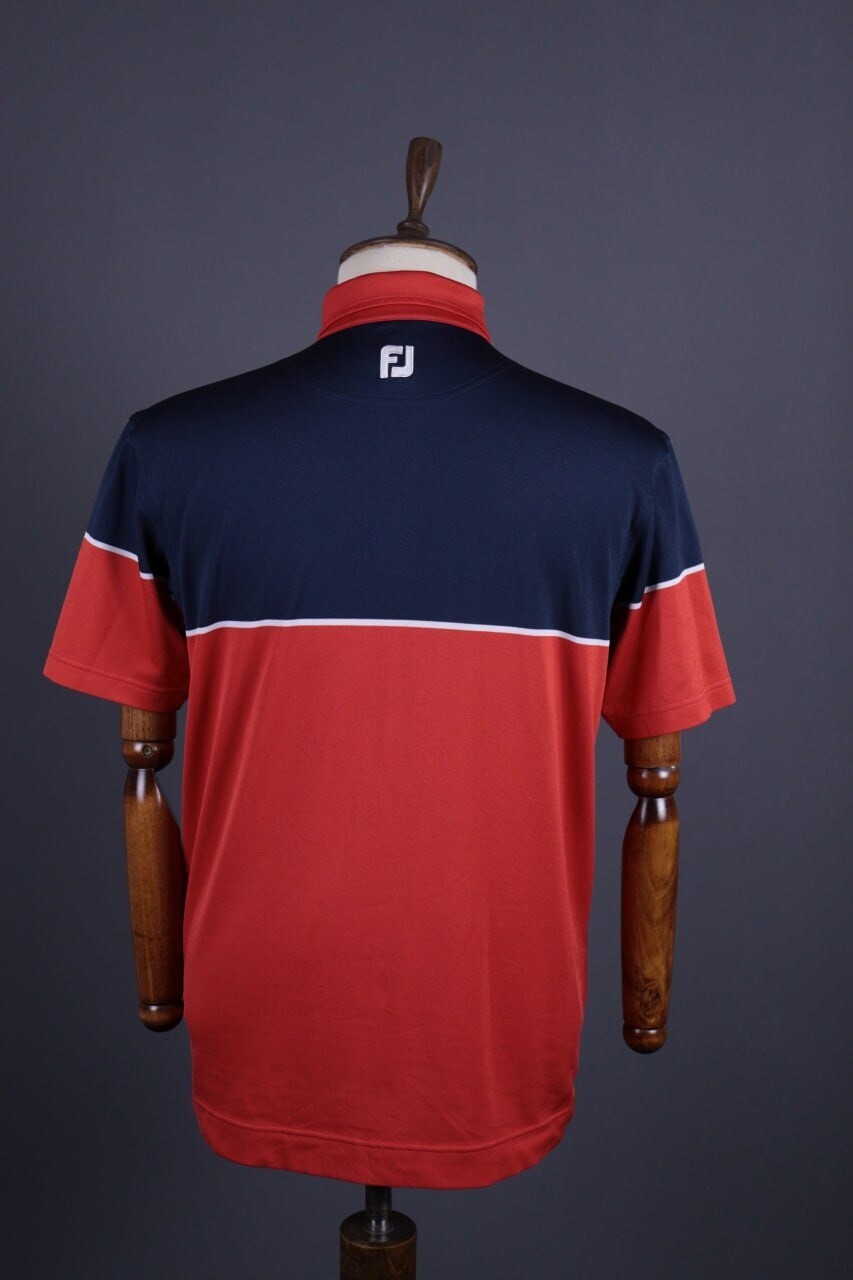FJ FootJoy Athletic Fit Red Blue Tennis Short Sleeve Polo Shirt – Size L