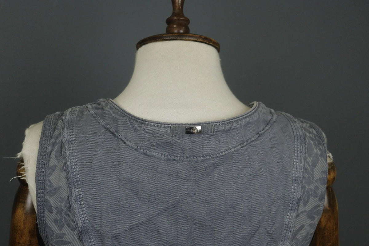 HIGH USE Gray Floral Cotton Sleeveless Sweetheart Neck 3/4 Zip Shift Dress Sz 38