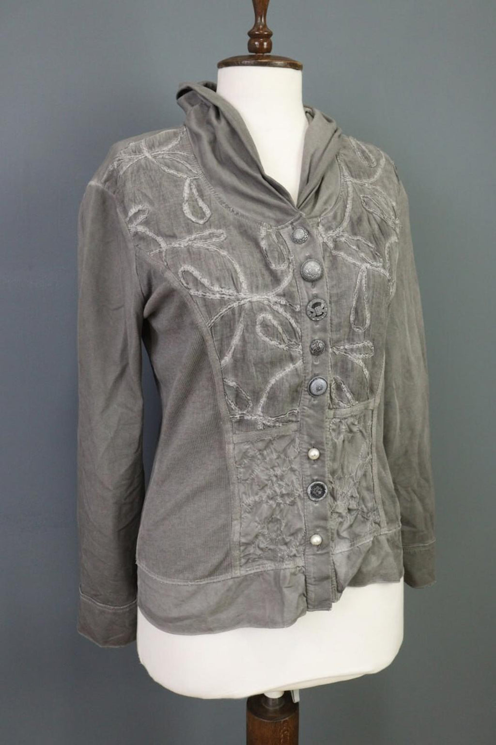 BOTTEGA Gray Lagenlook Designer Embroidered Cardigan Sweater