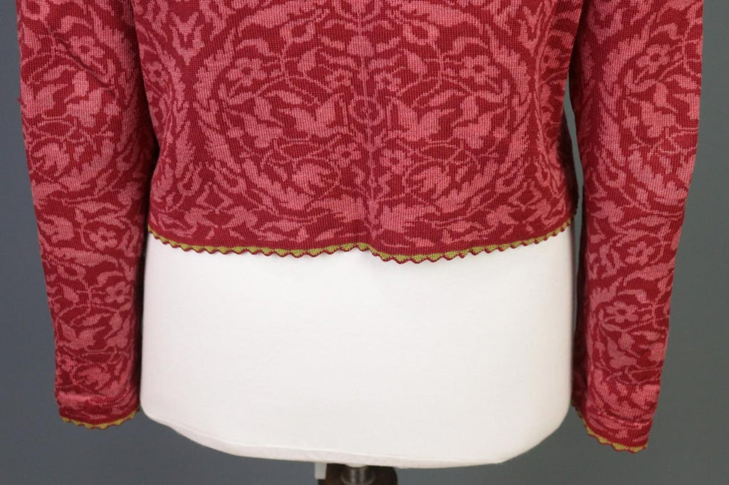 OLEANA Red Floral Round Neck Long Sleeve Button Front Cardigan Sweater S/M