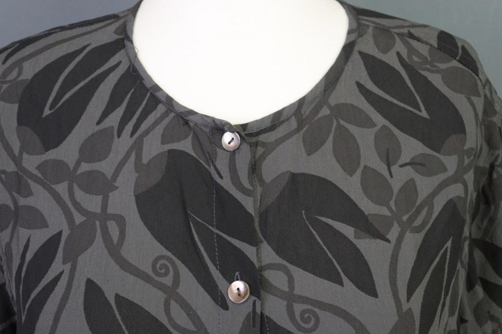 GUDRUN SJODEN Gray Black Leaf Print 100%Viscose Button Front Sheath Dress – Size L