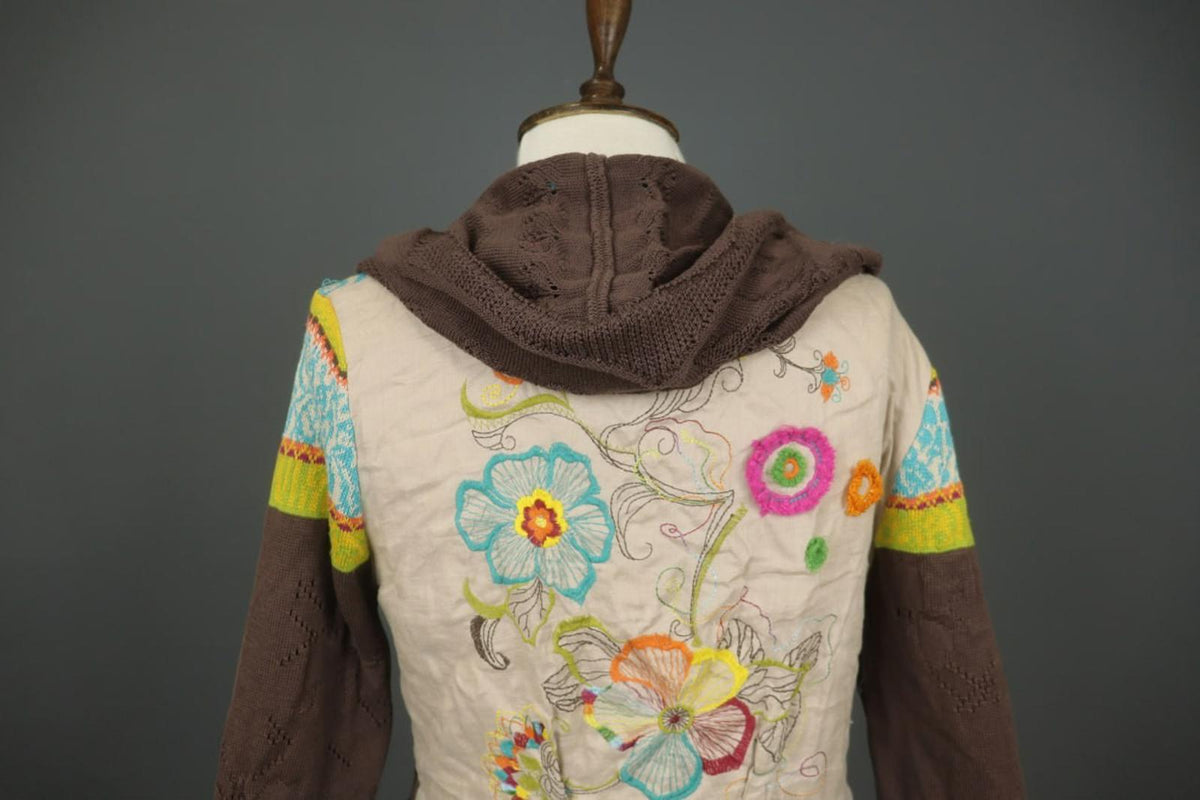 IVKO Multi Embroidered Floral Knitted Long Sleeve Full Zip Hooded Sweater – Size L