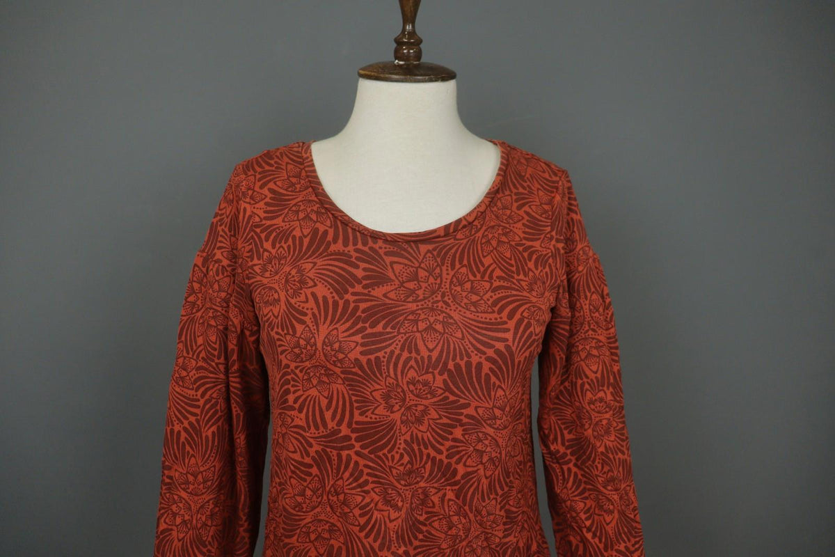 GUDRUN SJODEN Orange Floral Long Sleeve Round Neck Pullover Knit Top – Size S