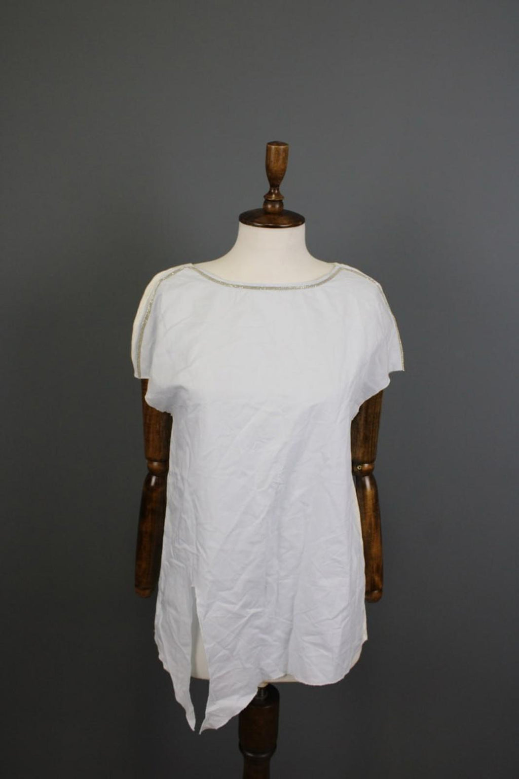 FABIANA FILIPPI White Crew Neck Cap Sleeve Metallic High-Low Blouse Top S/M