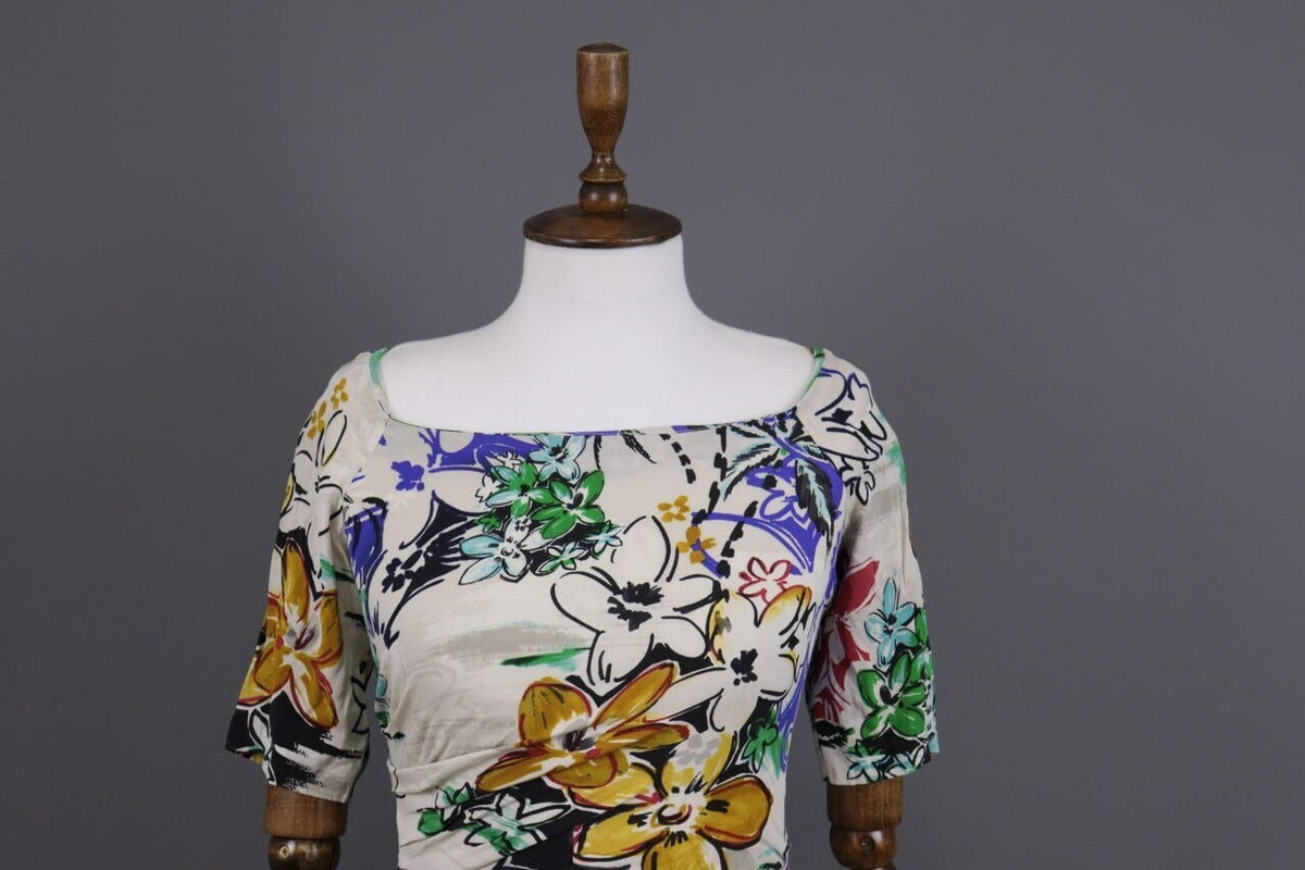 Etro Milano White Floral Silk Short Sleeve Summer Bodycon Dress – Size 42 / M