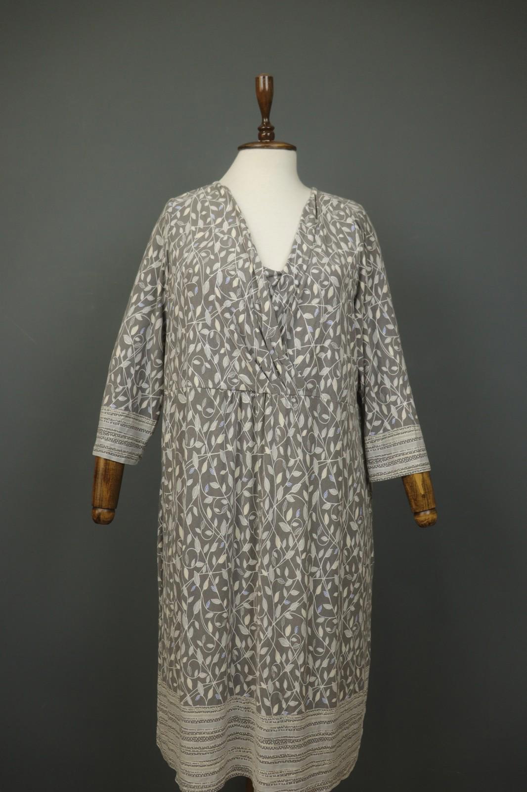 GUDRUN SJODEN Gray Leaf Print Cotton V-Neck Summer Pullover Maxi Dress – Size XL