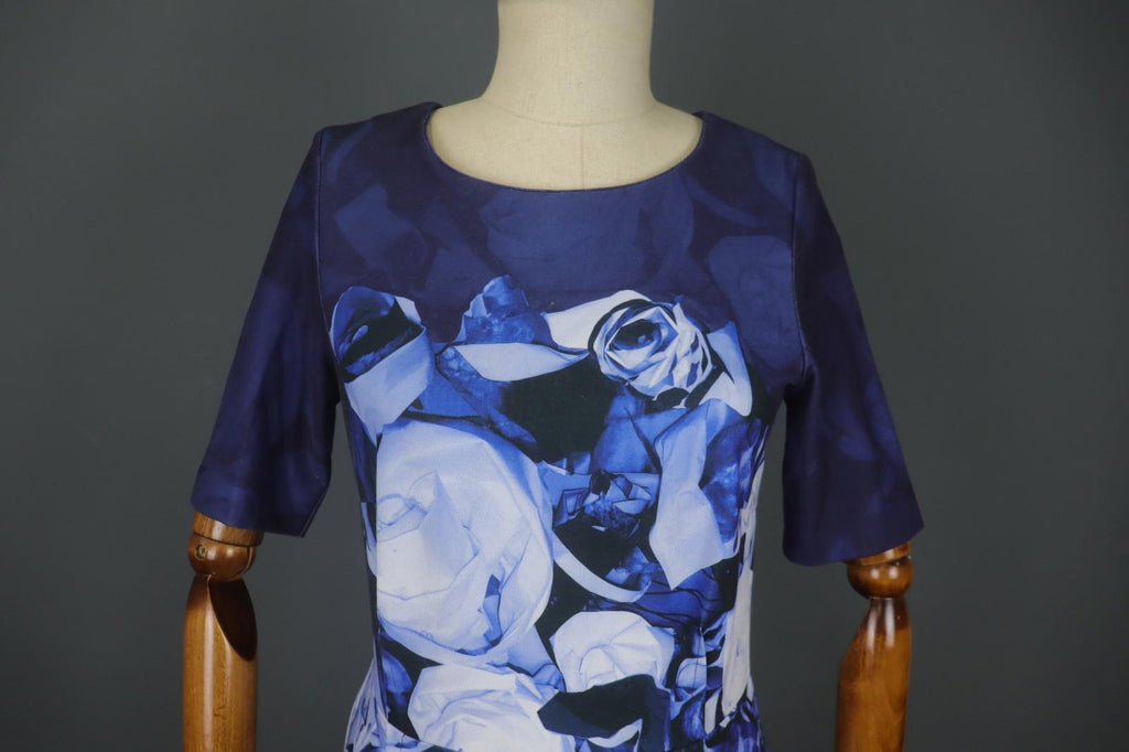 ESCADA SPORT Blue Rose Print Zipper Back Half Sleeve Sheath Dress – Size 38