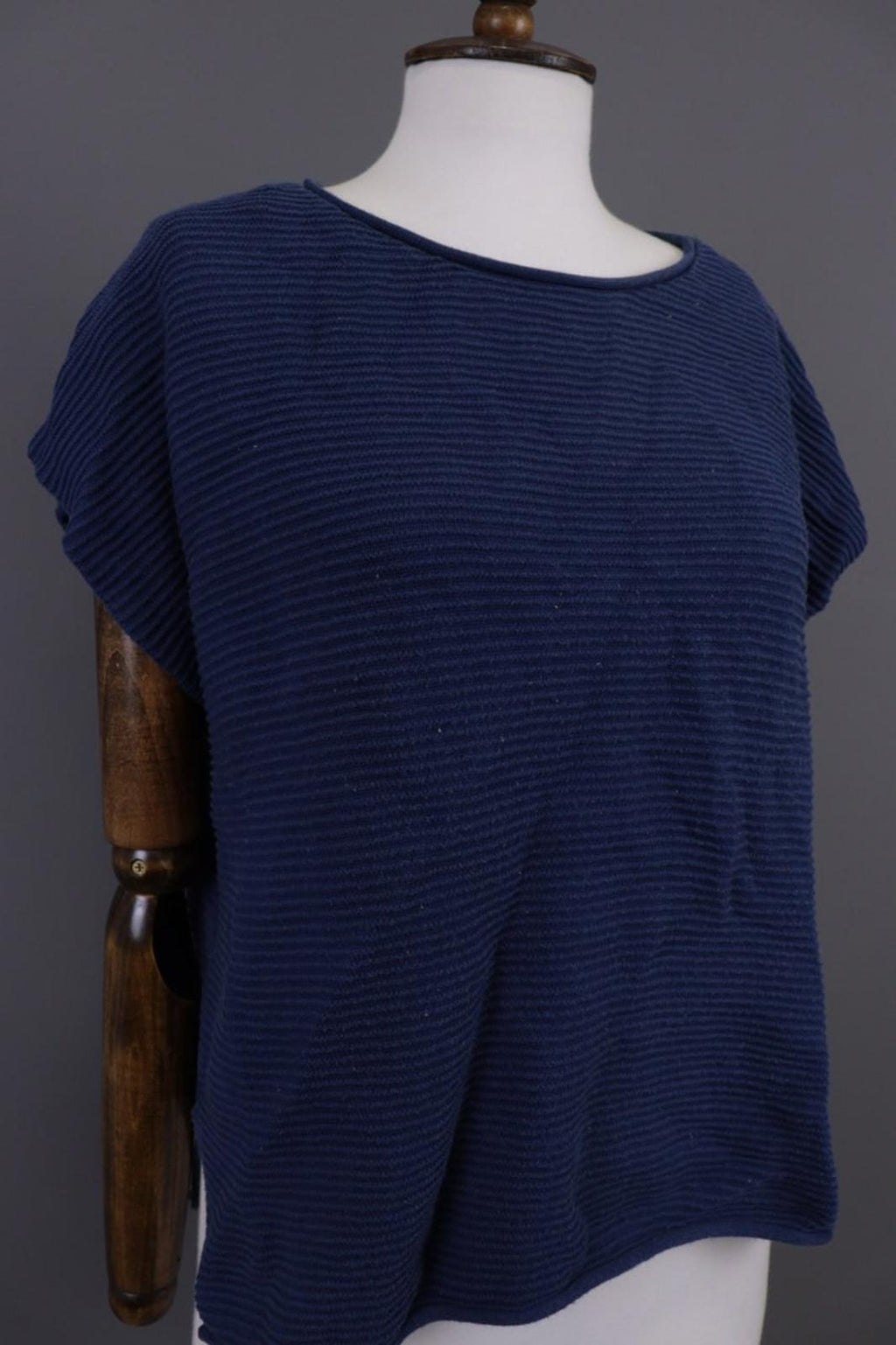 GUDRUN SJODEN Blouse Top Blue Striped Round Neck Short Sleeve Pullover M/L