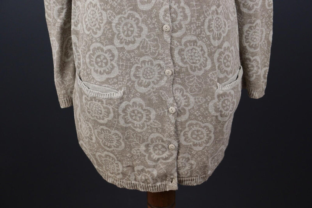 GUDRUN SJODEN Beige Floral Linen Knit Long Cardigan Sweater – Size S
