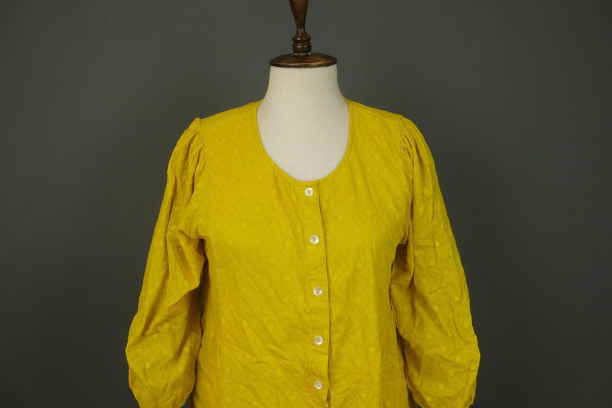 GUDRUN SJODEN Yellow Cotton Long Sleeve Round Neck Button Front Shirt Dress Sz M