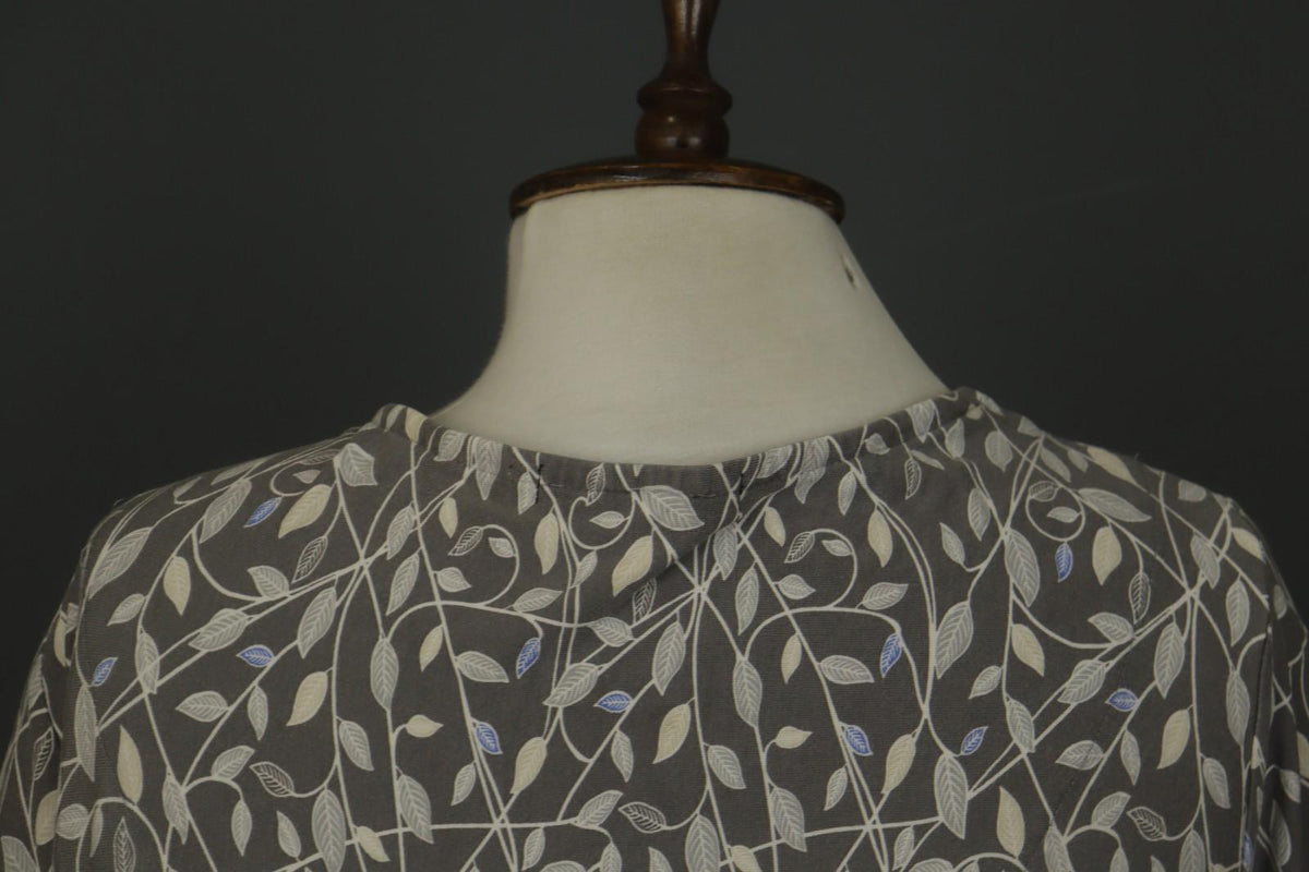 GUDRUN SJODEN Gray Leaf Print Cotton V-Neck Summer Pullover Maxi Dress – Size XL