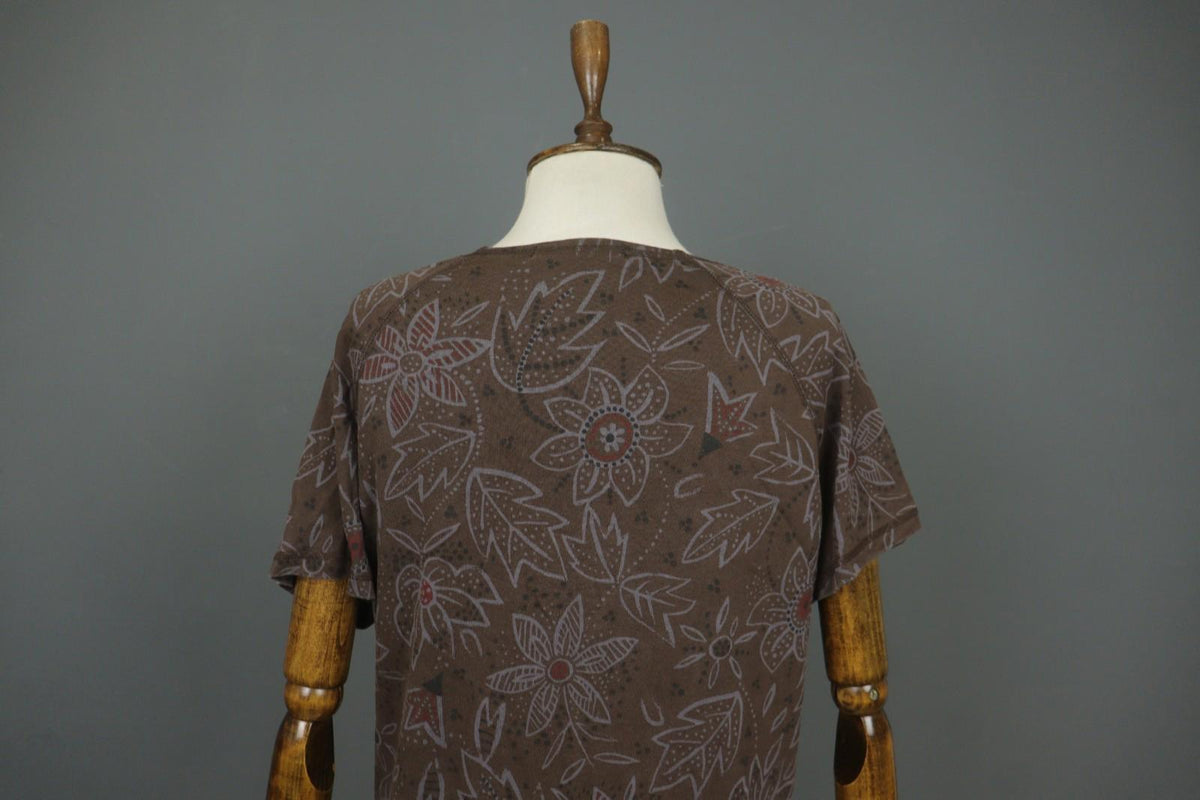 GUDRUN SJODEN Brown Floral Lyocell Short Sleeve Round Neck Sheath Dress – Size M