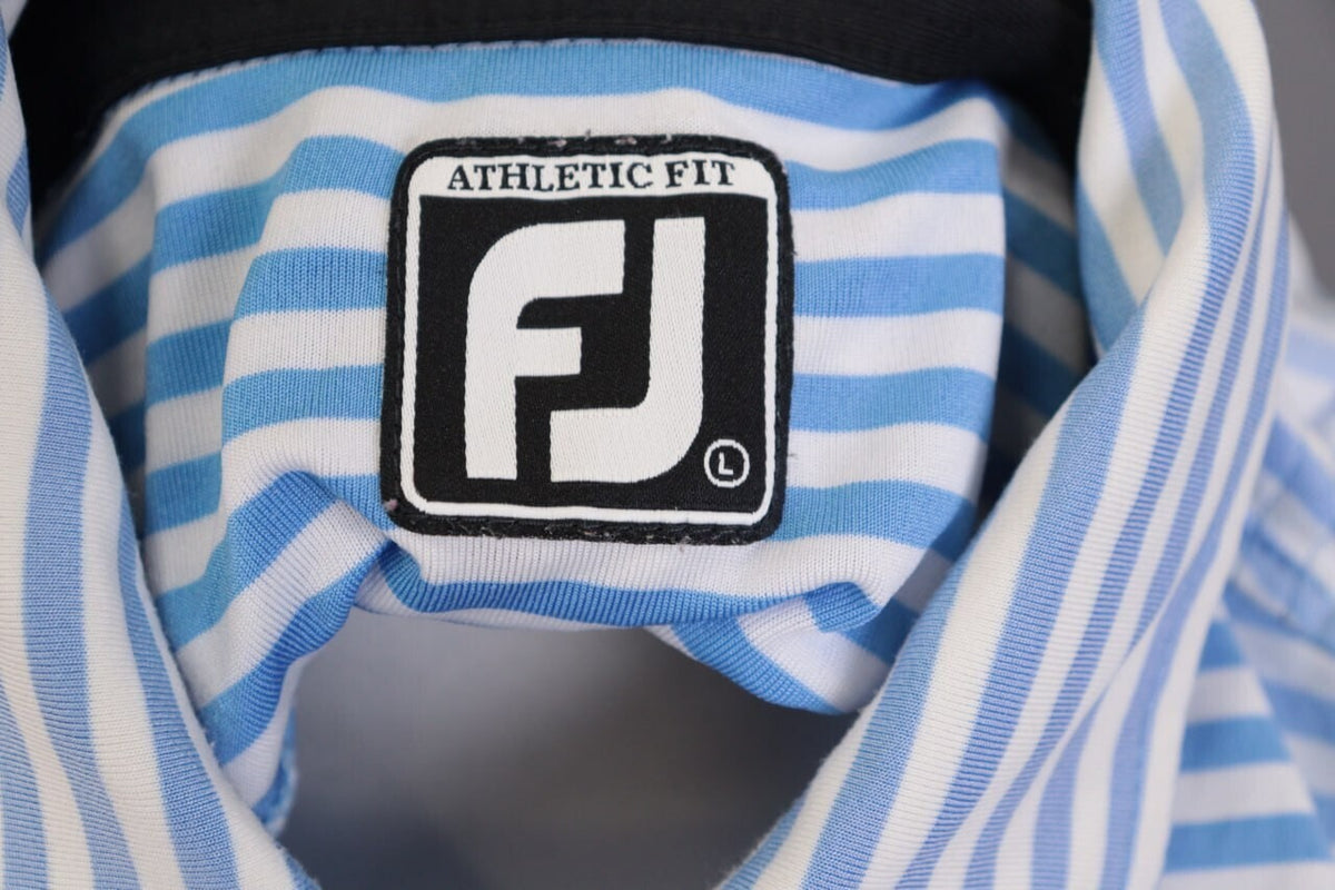 FJ FootJoy Athletic Fit Blue Striped Golf Short Sleeve Polo Shirt – Size L