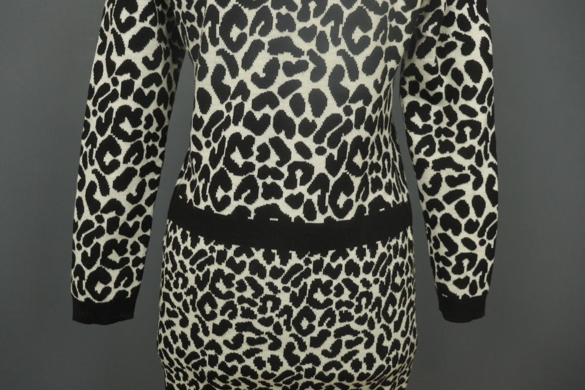 GIVENCHY Life Black White Leopard Print 100% Wool Long Sleeve Sweater Dress M/L