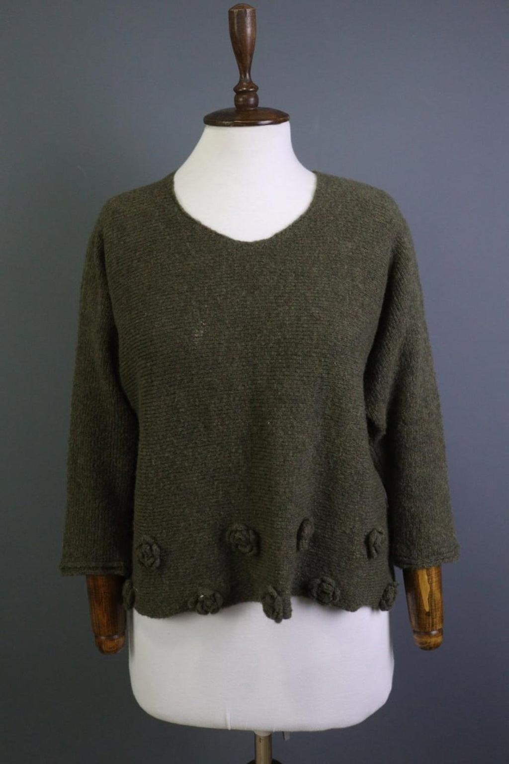 GRIZAS Green Wool Flower Knit Crew Neck Long Sleeve Pullover Sweater – Size XL