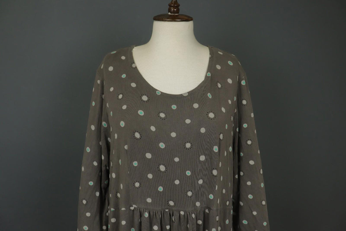 GUDRUN SJODEN Gray Polka Dot Lyocell Long Sleeve Round Neck Shift Dress – Size XL