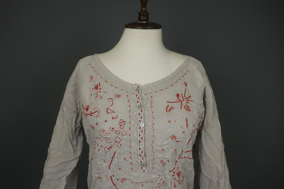 JOHNNY WAS Multi Embroidered Floral Long Sleeve Button Tunic Blouse Top S/M