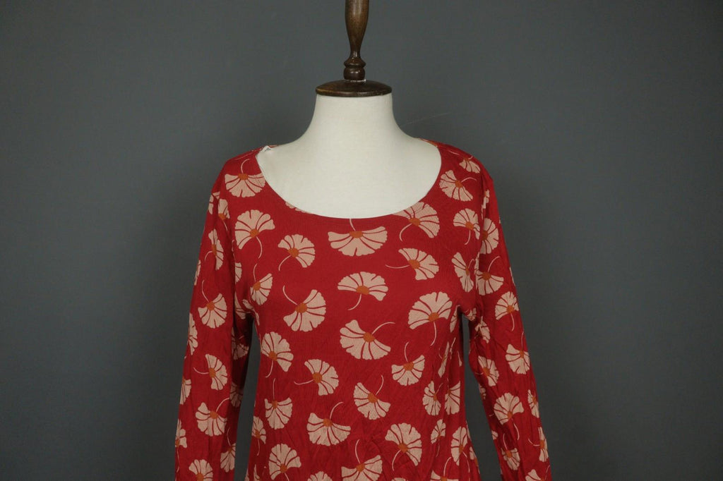 GUDRUN SJODEN Red Tan Floral 100% Modal Classic Long Sleeve Sheath Dress – Size M – Used