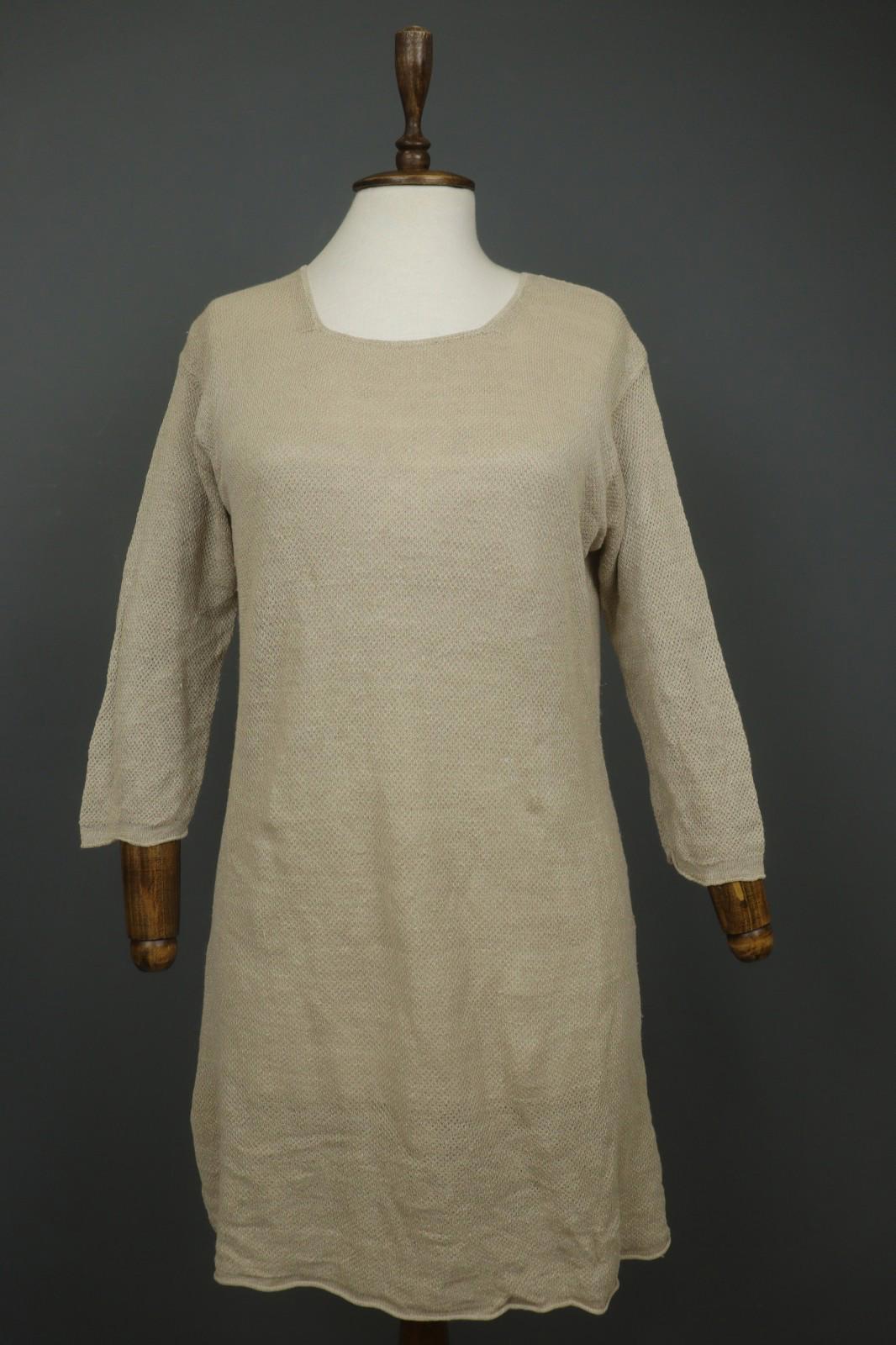 GUDRUN SJODEN Tan 100% Linen Long Sleeve Round Neck Pullover Shift Dress – Size S