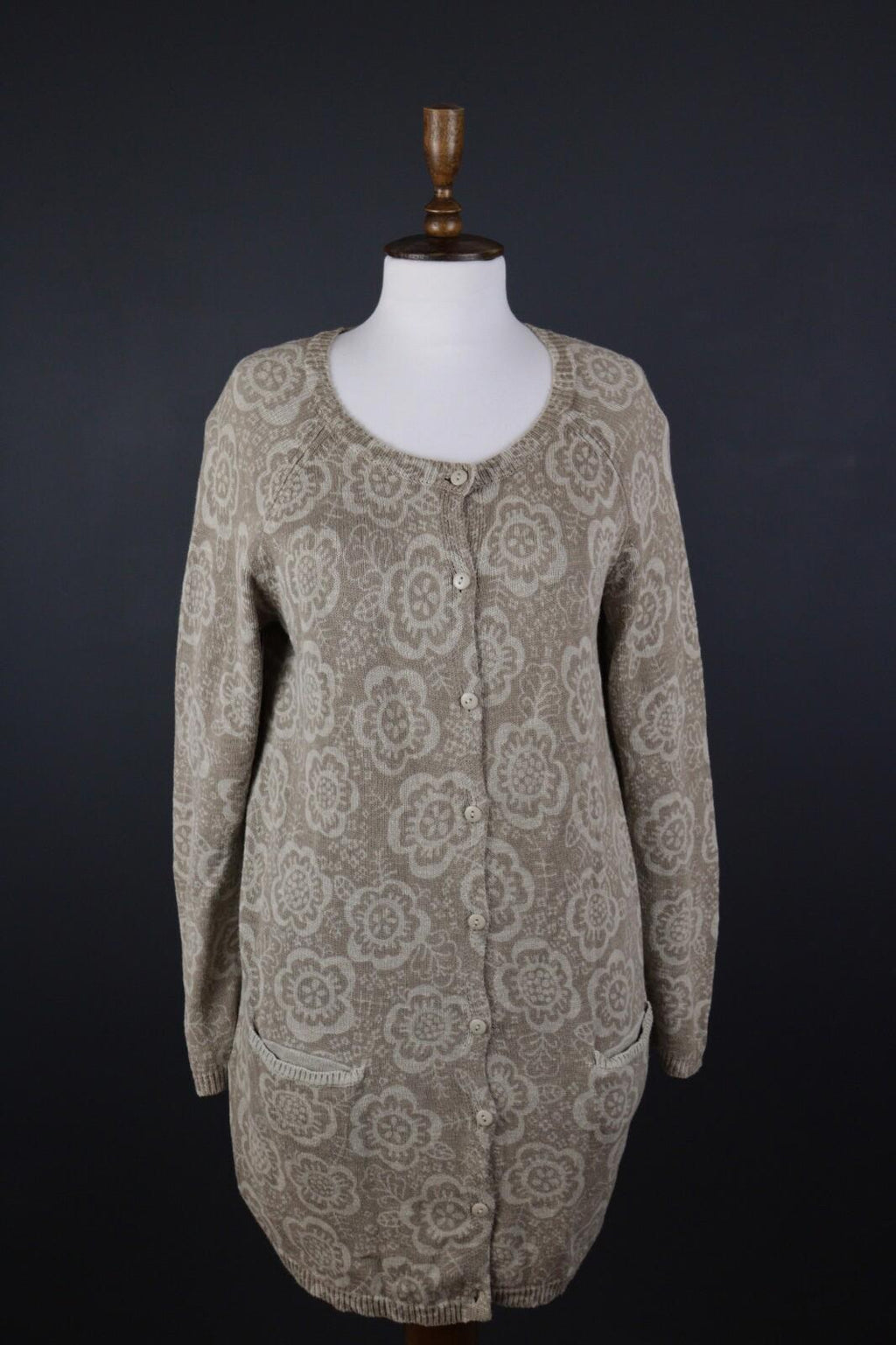 GUDRUN SJODEN Beige Floral Linen Knit Long Cardigan Sweater – Size S