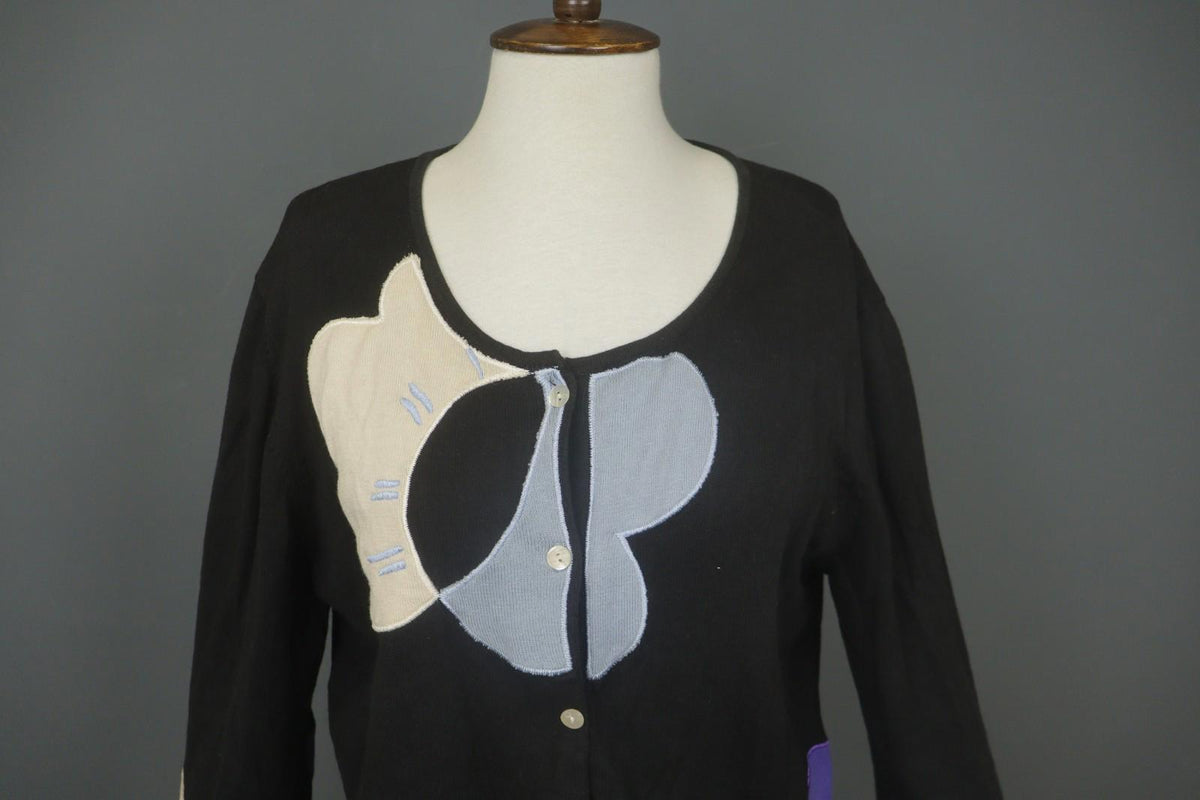 GUDRUN SJODEN Black Embroidered Flower Button Front Cardigan Sweater – Size XL – Used