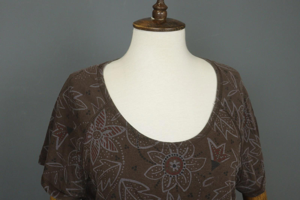 GUDRUN SJODEN Brown Floral Lyocell Short Sleeve Round Neck Sheath Dress – Size M